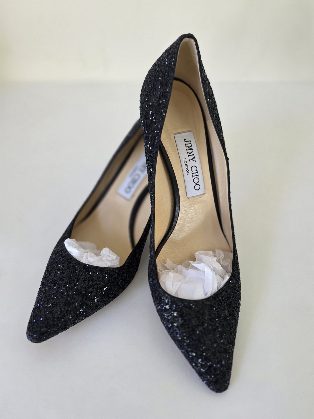 Jimmy Choo Black Glitter Pumps EU 39 US 8.5 Wedding Prom Graduation Heels